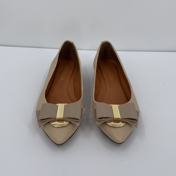 Luz Da Lua pointed toe ballet flat shoe tan cream leather patent bow 36 6 - Picture 3 of 6